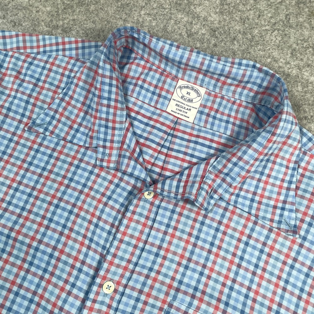 Brooks Brothers Mens Button Down Shirt XL Blue Red Plaid Regular Stretch